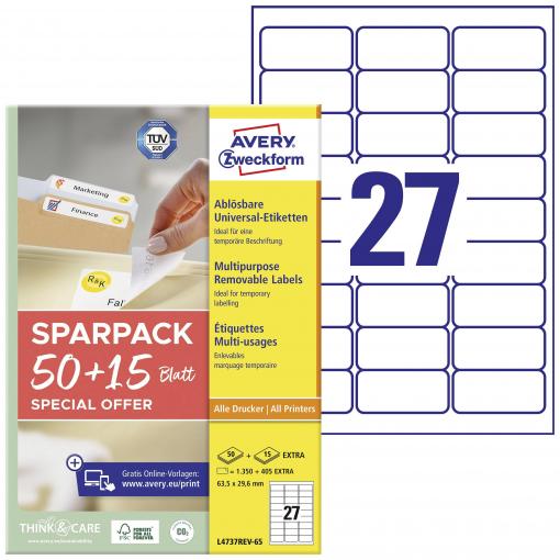 Avery-Zweckform L4737REV-65 univerzální etikety 63.5 x 29.6 mm papír bílá 65 listů přemístitelné inkoustová tiskárna, laserová tiskárna, barevná laserová