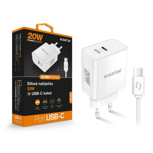 Chytrá síťová nabíječka ALIGATOR Power Delivery 20W, USB-C/USB-C kabel, bílá
