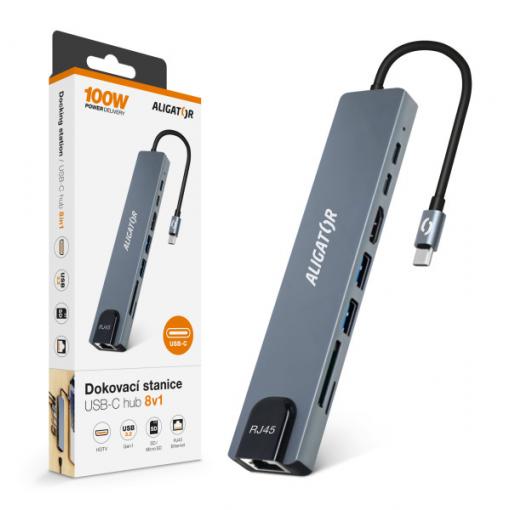 Aligator Dokovací stanice USB-C / Hub 8v1 (USB-C / 2xUSB / SD / MicroSD/ HDTV / RJ45) AHUB001