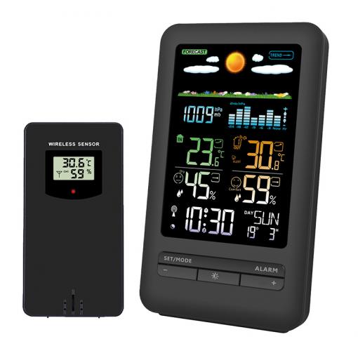 Solight meteostanice, barevný LCD, vnitřní/venkovní teplota a vlhkost, tlak, RCC, černá - TE87