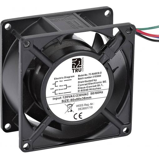 TRU COMPONENTS TC-NA8038-D axiální ventilátor, 230 V/AC, 120 V/AC, 85 m³/h, (d x š x v) 80 x 80 x 38 mm, TC-12774656