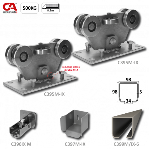 MEDIO INOX (98x98mm) nerezový samonosný systém pro posuvné brány do 500kg/ otvor: 8,5m (C399M-IX 1x6m nerezový profil, C395M/IX 2ks, C397M-IX 1ks, C396M-IX 1 ks), nerez AISI304 bez povrch. úpravy