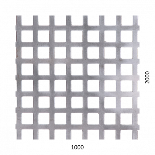 děrovaný plech čtvercový řadový Zn, otvor: 10 x 10 mm, rozteč: 14 mm, (1000x2000x1,0 mm)