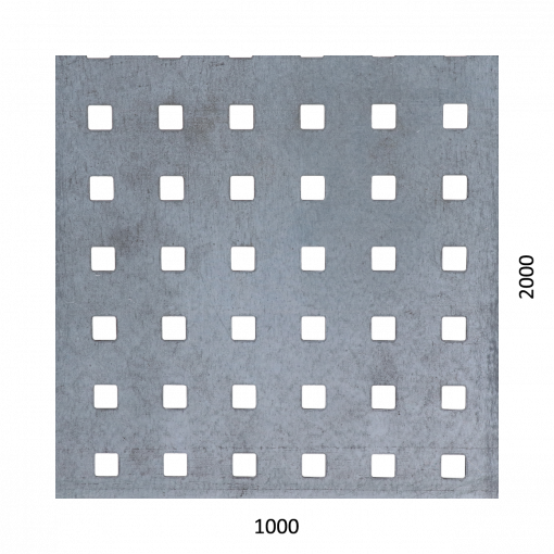 Děrovaný plech čtvercový řadový Zn, otvor: 10x10 mm, rozteč: 30 mm (2000x1000x1,5 mm)