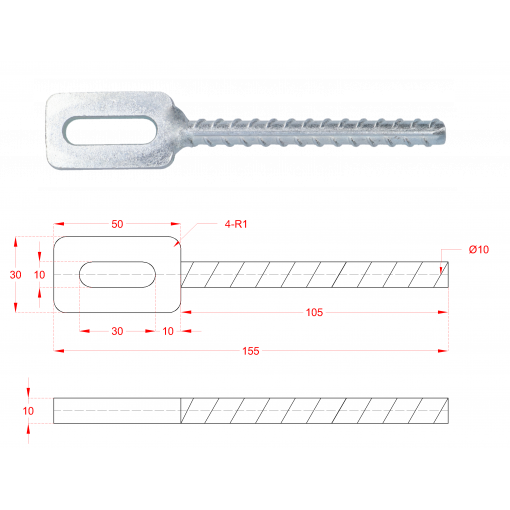 Kotvení do betonu na plotové dílce 130*30mm, na vrták ø 10mm, Zn
