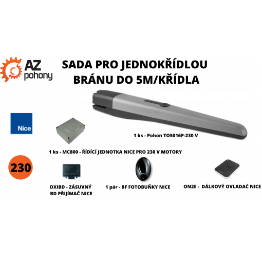 Sada pro jednokřídlou bránu do 5m/křídla, 1x TO5016P-230 V, 385 W, 3200 N, 1x MC800, 1x OXIBD, 1x ON2E, 1x BF, zvýšená síla pro větší zatížení