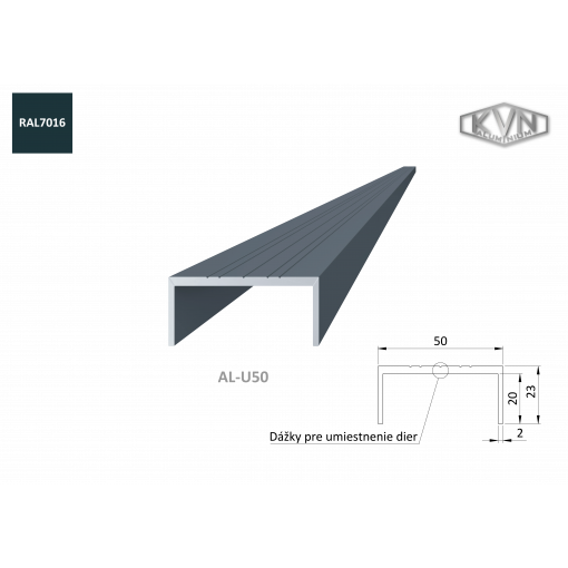 U profil 50x22x6000 mm, materiál EN AW-6060 T66, hliník s povrchovou úpravou antracit RAL7016, cena za KUS