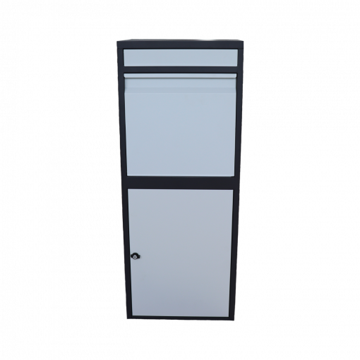 Box na balíky (410x385x1020mm) s přepadovou lištou na ochranu balíků, tloušťka 0.8mm) velikost balíku: 320x300x260mm, barva: Černé tělo + bílý vhod