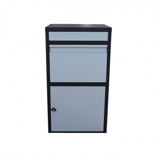 Box na balíky (410x385x720mm) s přepadovou lištou na ochranu balíků, tloušťka 0.8mm) velikost balíku: 320x300x180mm, barva: Černé tělo + bílý vhod