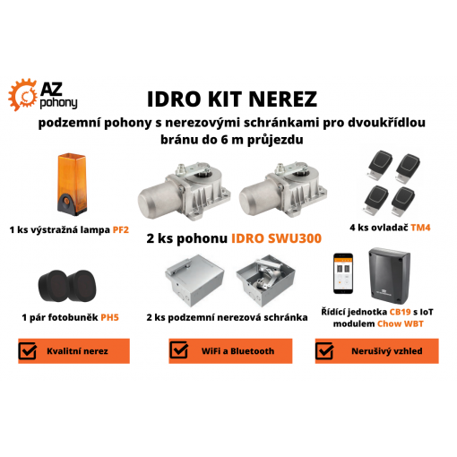 IDRO KIT NEREZ - podzemní pohony s nerezovými schránkami pro dvoukřídlové brány až do 6 m