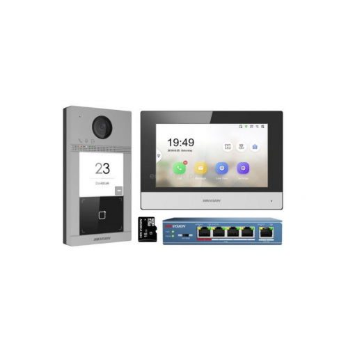 DS-KIS604-S(C): sada IP videotelefonu, dveřní stanice, PoE switche a MicroSD karty