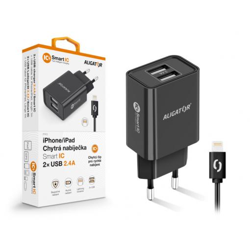 Chytrá síťová nabíječka ALIGATOR 2.4A, 2xUSB, smart IC, černá, kabel pro iPhone/iPad 2A