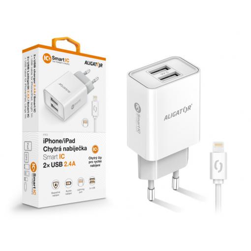Chytrá síťová nabíječka ALIGATOR 2.4A, 2xUSB, smart IC, bílá, kabel pro iPhone/iPad 2A
