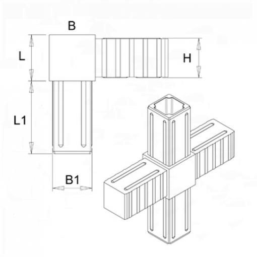 Plastová spojka - kříž vhodný do profilu velikosti 20x20x1.5 mm