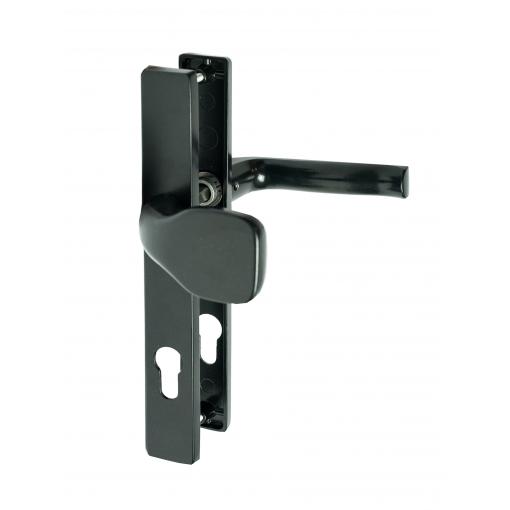 Klika AL s koulí, rozměr štítku 239 x 32 mm, rozteč 72 mm, černá prášková barva vypalovaná, s otvorem pro stavební vložku, pár