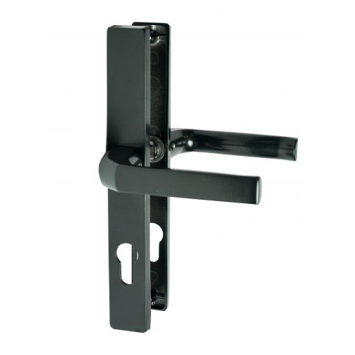 Klika AL, rozměr štítku 239 x 32 mm, rozteč 72 mm, černá prášková barva vypalovaná, s otvorem pro stavební vložku, pár