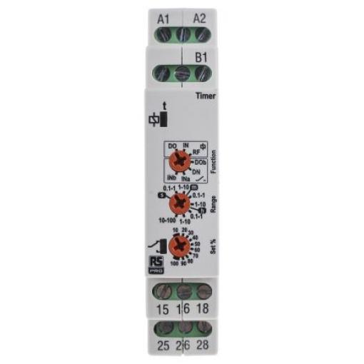 RS PRO Časovací relé, řada: LMMT Lišta DIN DPDT 2kontaktové 230 V dc 24 to 230 V ac Multifunkční funkce Šroub 0.1 s to