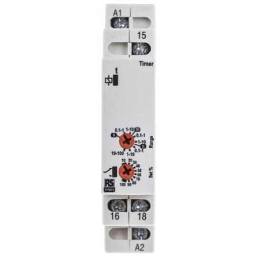 RS PRO Časovací relé, řada: LEDO Lišta DIN SPDT 1kontaktové 230 V dc 12 V ac, 230 V ac 1 funkce Šroub 0.1 s to 100 h