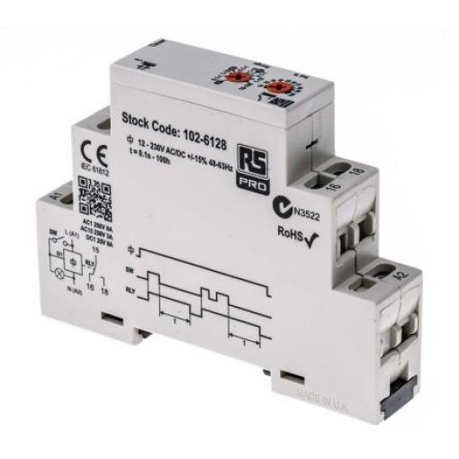 RS PRO Časovací relé, řada: LESW Lišta DIN SPDT 1kontaktové 230 V dc 12 V ac, 230 V ac 1 funkce Šroub 0.1 s to 100 h