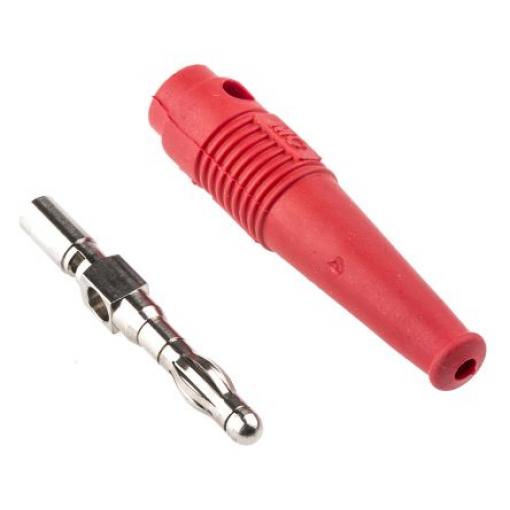 Staubli Banánek, 4 mm, 30 V, 60V dc, 32A, Červená, Vnější Pájecí, materiál kontaktu: Mosaz, délka: 69 mm, pokovení