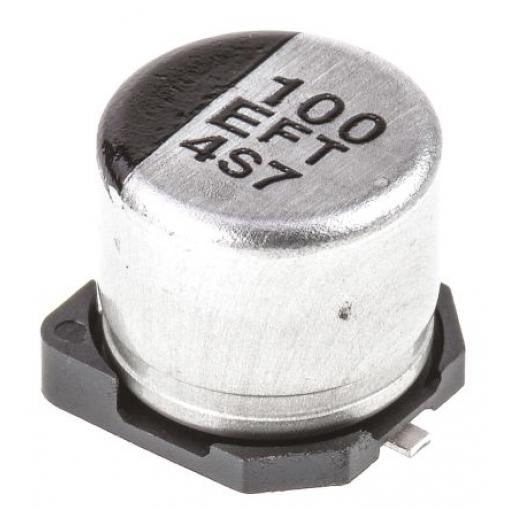 Hliníkový elektrolytický kondenzátor, řada: FT 100 μF 20 % Pájecí 260mΩ 25 V dc, Povrchová montáž 1000 AEC-Q200