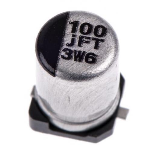 Hliníkový elektrolytický kondenzátor, řada: FT 100 μF 20 % Pájecí 850mΩ 6.3 V dc, Povrchová montáž 2000 AEC-Q200