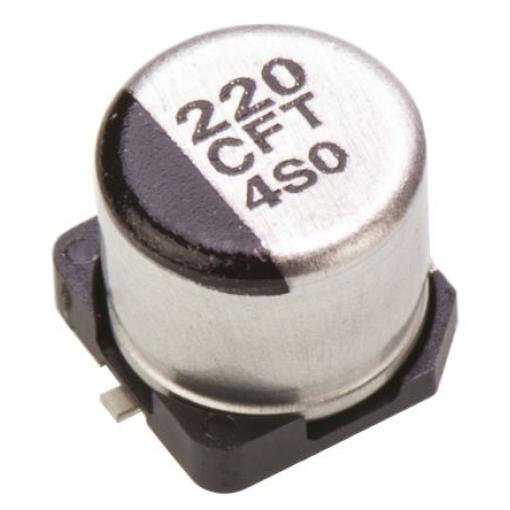 Hliníkový elektrolytický kondenzátor, řada: FT 220 μF 20 % Pájecí 260mΩ 16 V dc, Povrchová montáž 1000 AEC-Q200