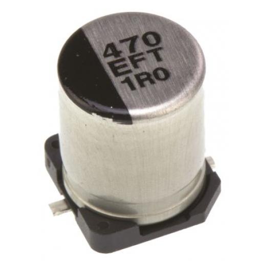 Hliníkový elektrolytický kondenzátor, řada: FT 470 μF 20 % Pájecí 80mΩ 25 V dc, Povrchová montáž 500 AEC-Q200 Panasonic