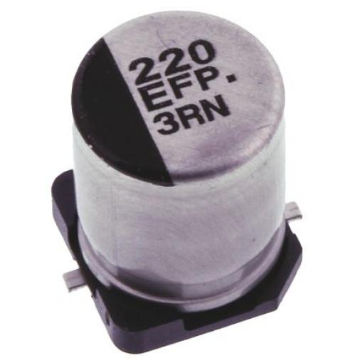 Kondenzátor, řada: FP SMD 220 μF 20 % Pájecí 80mΩ 25 V dc, Povrchová montáž 500 AEC-Q200 Panasonic