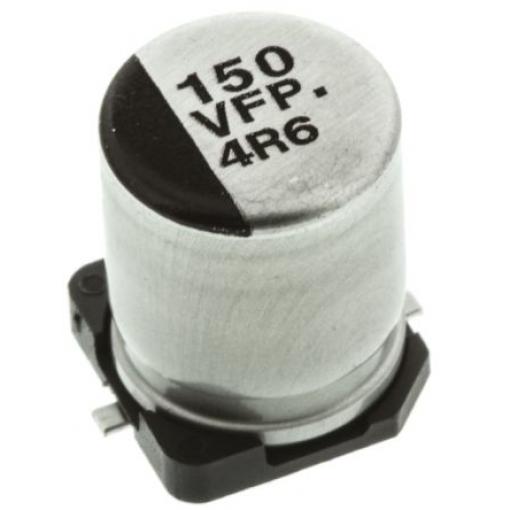 Kondenzátor, řada: FP SMD 150 μF 20 % Pájecí 80mΩ 35 V dc, Povrchová montáž 500 AEC-Q200 Panasonic