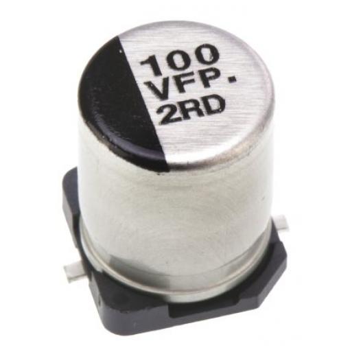 Hliníkový elektrolytický kondenzátor, řada: FP 100 μF 20 % Pájecí 80mΩ 35 V dc, Povrchová montáž 500 AEC-Q200 Panasonic