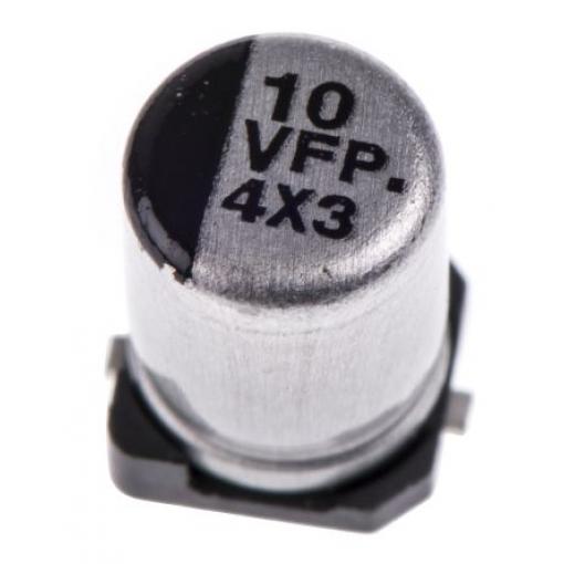 Hliníkový elektrolytický kondenzátor, řada: FP 10 μF 20 % Pájecí 850mΩ 35 V dc, Povrchová montáž 2000 AEC-Q200 Panasonic