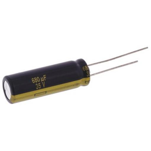 Kondenzátor, řada: FC Radial 680 μF ±20 % 35mΩ 35 V dc Radiální vedení, Průchozí otvor AEC-Q200 Panasonic