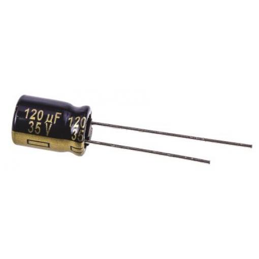 Kondenzátor, řada: FC Radial 120 μF ±20 % 117mΩ 35 V dc Radiální vedení, Průchozí otvor AEC-Q200 Panasonic