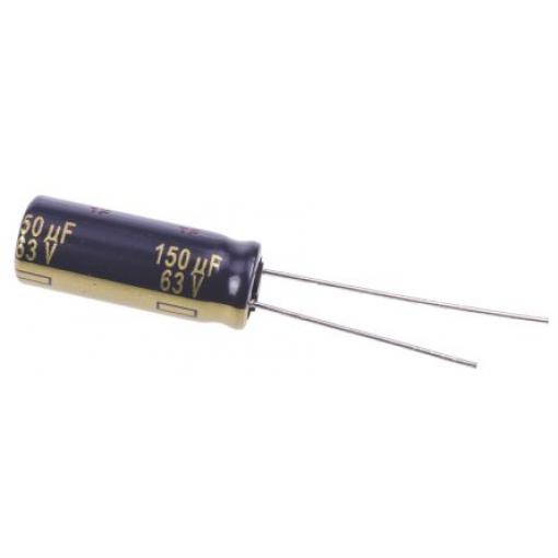 Kondenzátor, řada: FC Radial 150 μF ±20 % 178mΩ 63 V dc Radiální vedení, Radiální, Průchozí otvor AEC-Q200 Panasonic