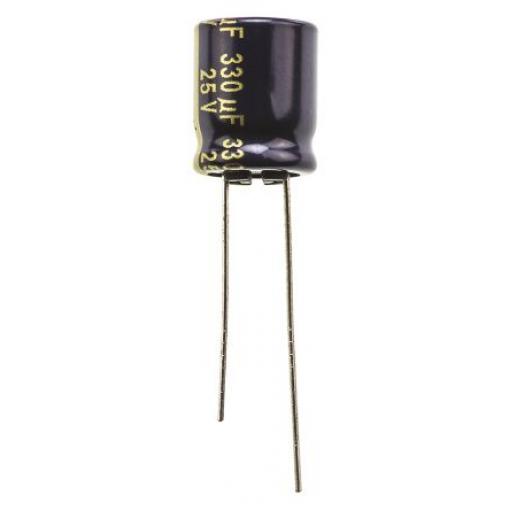 Kondenzátor, řada: FC Radial 330 μF ±20 % 90mΩ 25 V dc Radiální vedení, Radiální, Průchozí otvor AEC-Q200 Panasonic