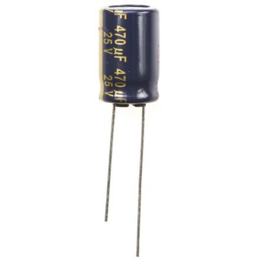Hliníkový elektrolytický kondenzátor, řada: FC-A 470 μF ±20 % 68mΩ 25 V dc Radiální vedení, Radiální, Průchozí otvor