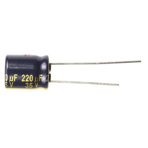 Hliníkový elektrolytický kondenzátor, řada: FC-A 220 μF ±20 % 90mΩ 35 V dc Radiální vedení, Radiální, Průchozí otvor