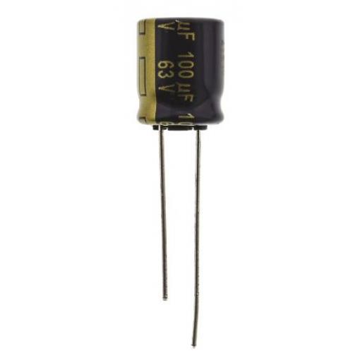 Hliníkový elektrolytický kondenzátor, řada: FC-A 100 μF ±20 % 256mΩ 63 V dc Radiální vedení, Průchozí otvor AEC-Q200