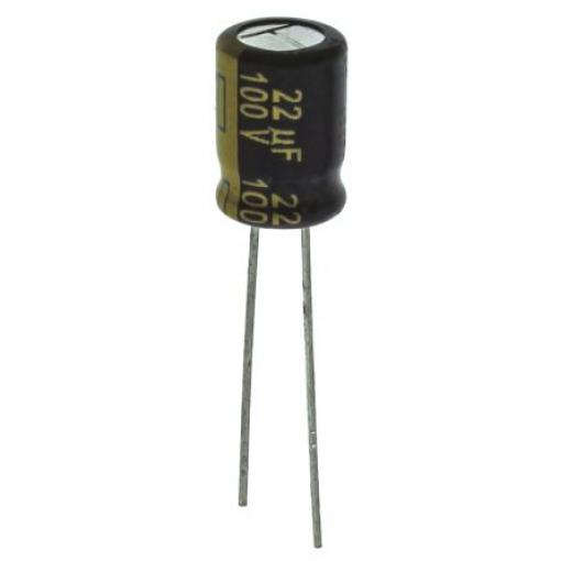 Hliníkový elektrolytický kondenzátor, řada: FC-A 22 μF ±20 % 680mΩ 100 V dc Radiální vedení, Radiální, Průchozí otvor
