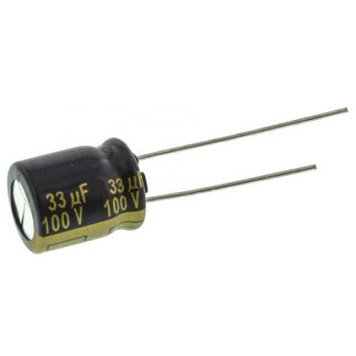 Kondenzátor, řada: FC Radial 33 μF ±20 % 530mΩ 100 V dc Radiální vedení, Radiální, Průchozí otvor AEC-Q200 Panasonic