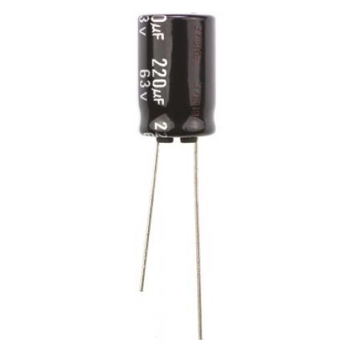 Hliníkový elektrolytický kondenzátor, řada: NHG 220 μF ±20 % 63 V dc Radiální vedení, Radiální, Průchozí otvor AEC-Q200