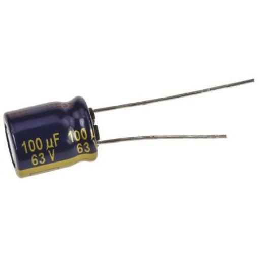 Kondenzátor, řada: FC Radial 100 μF ±20 % 63 V dc Radiální vedení, Radiální, Průchozí otvor AEC-Q200 Panasonic