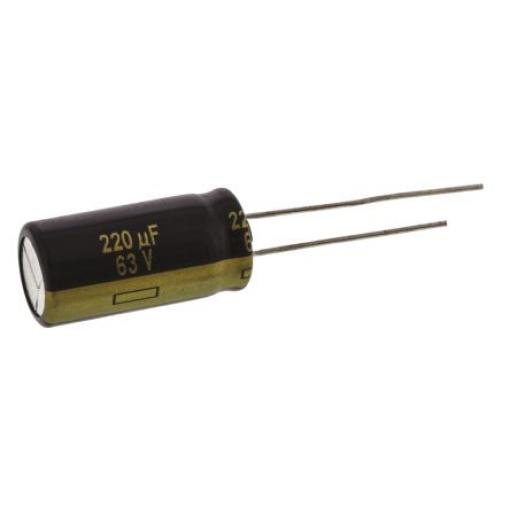 Kondenzátor, řada: FC Radial 220 μF ±20 % 147mΩ 63 V dc Radiální vedení, Radiální, Průchozí otvor AEC-Q200 Panasonic