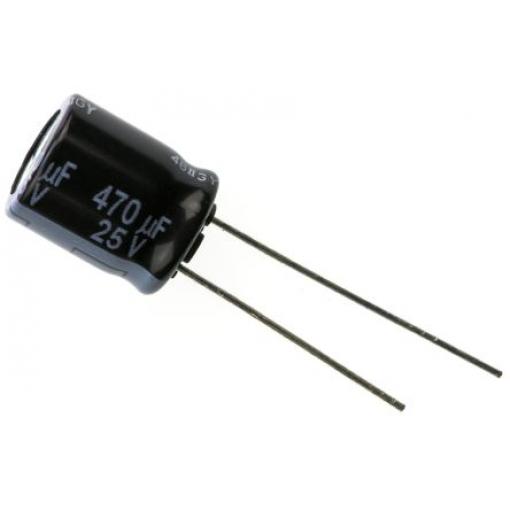 Hliníkový elektrolytický kondenzátor, řada: FR-A 470 μF ±20 % 25 V dc Radiální vedení, Radiální, Průchozí otvor AEC-Q200