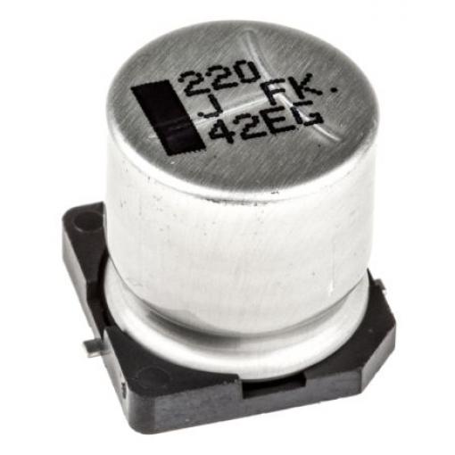 Kondenzátor, řada: FK SMD 220 μF 20 % Pájecí 160mΩ 63 V dc, Povrchová montáž 200 AEC-Q200 Panasonic