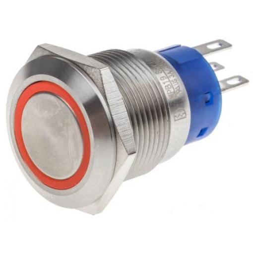 RS PRO Tlačítkový spínač IP67 SPDT Panel Blokování Osvětlené 19.2 mm 5 A, barva LED: Červená 12 V dc 250 V ac