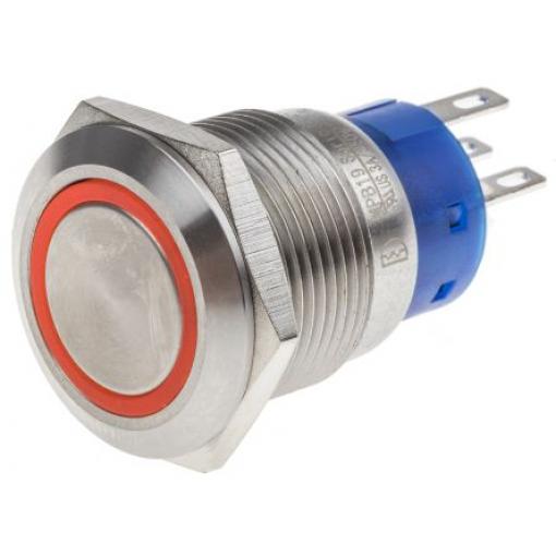 RS PRO Tlačítkový spínač IP67 DPDT Panel Okamžité Osvětlené 19.2 mm 5 A, barva LED: Červená 12 V dc 250 V ac