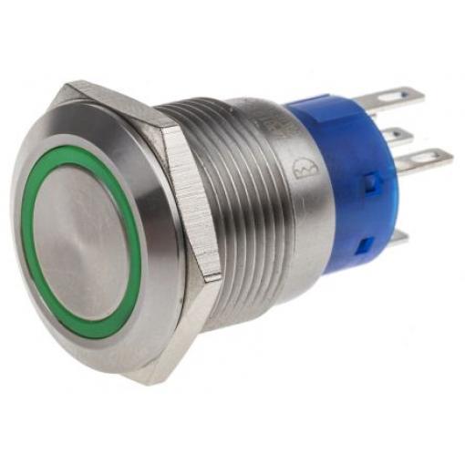 RS PRO Tlačítkový spínač IP67 SPDT Panel Blokování Osvětlené 19.2 mm 5 A, barva LED: Zelená 250 V ac
