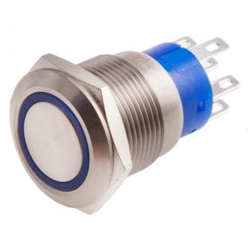 RS PRO Tlačítkový spínač IP67 DPDT Panel Okamžité Osvětlené 19.2 mm 5 A, barva LED: Modrá 12 V dc 250 V ac